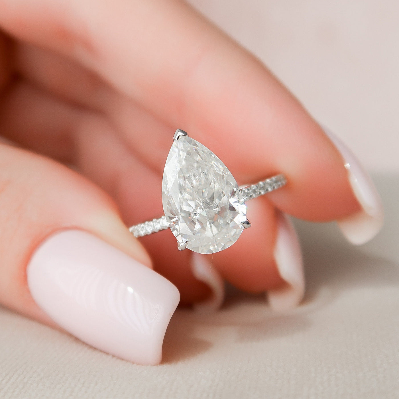 3.0CT Pear Cut Hidden Halo Moissanite Diamond Pave Engagement Ring