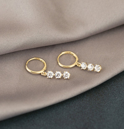 Round Cut Three Stone Diamond Dangle Earrings for Women