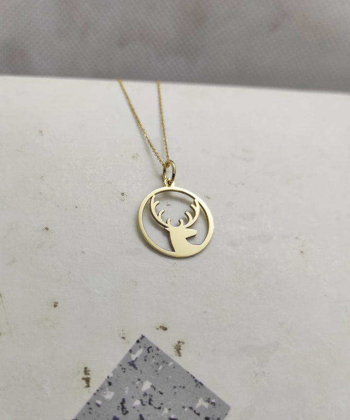 Wild Deer 14k Solid Gold Pendant Necklace for Christmas Gift