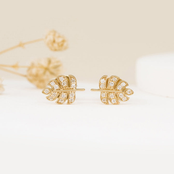 Round Cut Diamond Leaf Stud Earrings for Halloween Gift