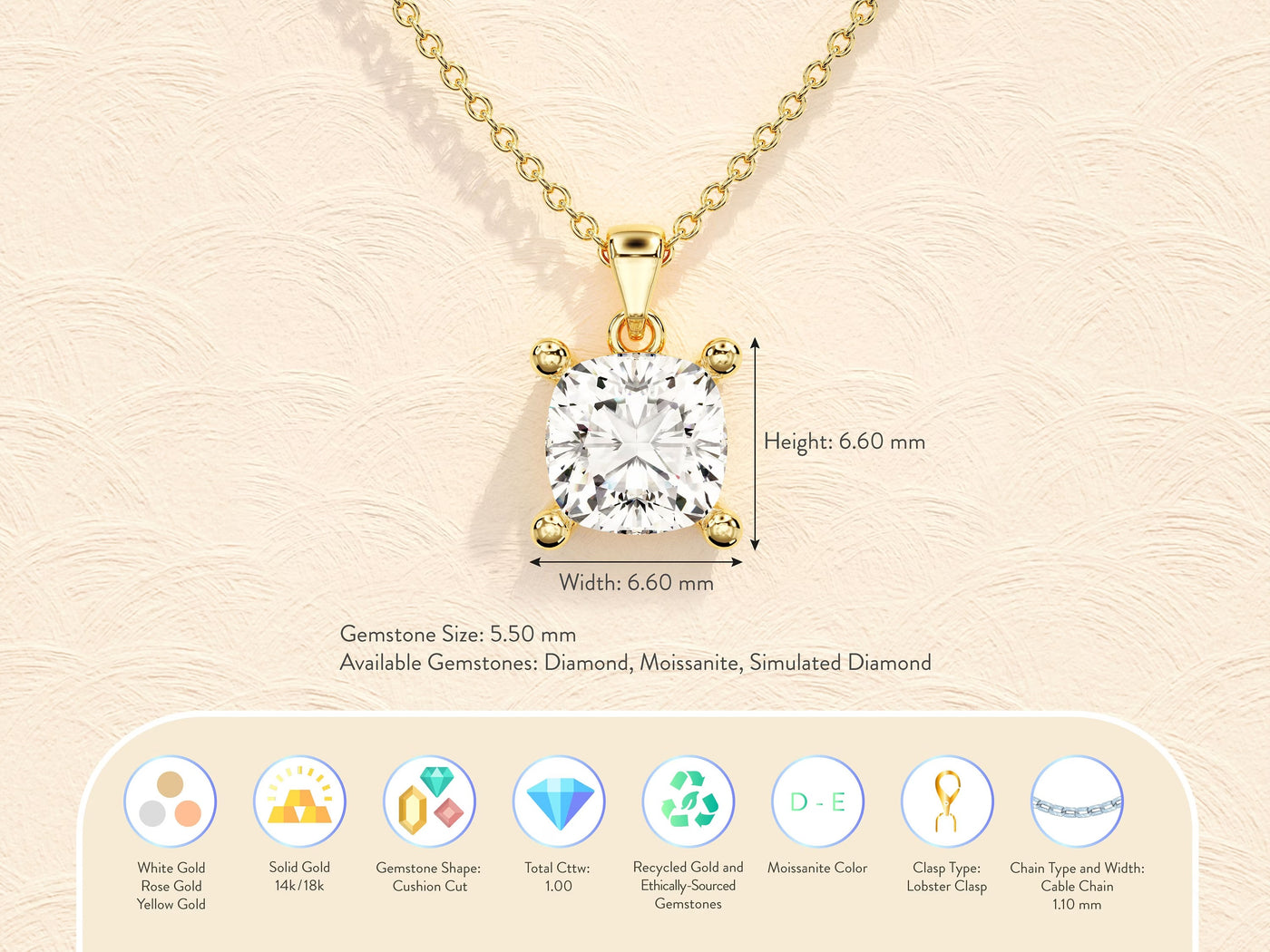 Cushion Cut Moissanite Diamond Pendant Necklaces