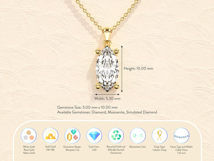Marquise Cut Solitaire Moissanite Diamond Pendant Necklace