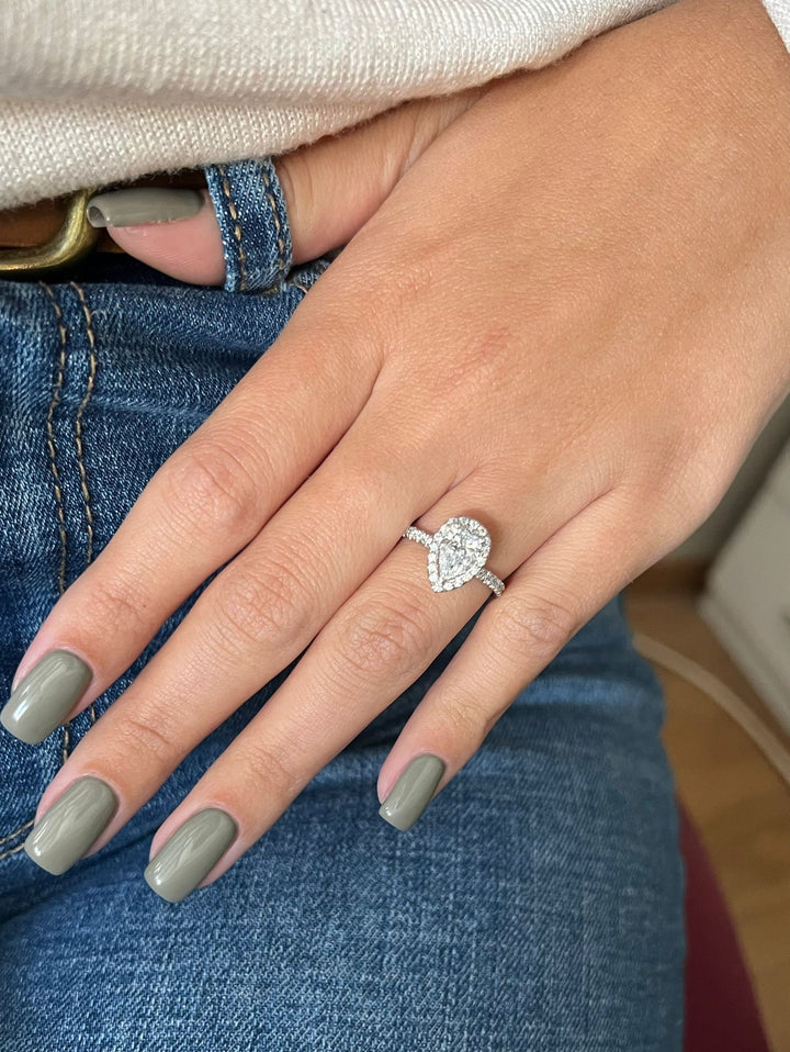 1.0 CT Pear Cut Halo Pave Moissanite Engagement Ring