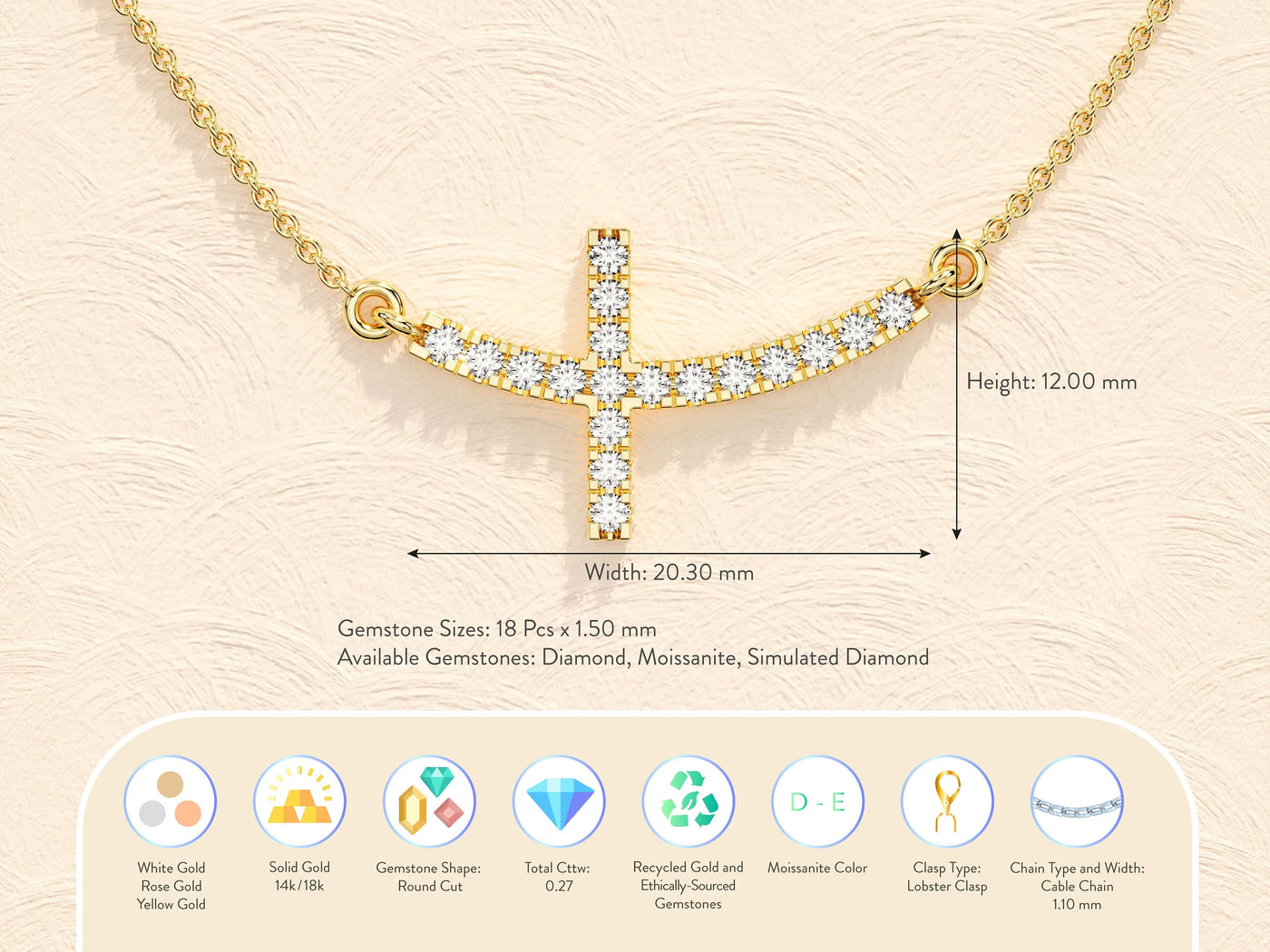 Sideways Cross Diamond Moissanite Necklace for Women