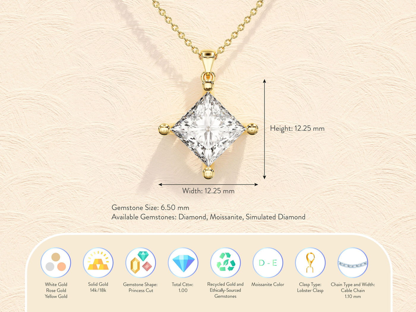 Princess Cut Moissanite Solitaire Diamond Pendant Necklace