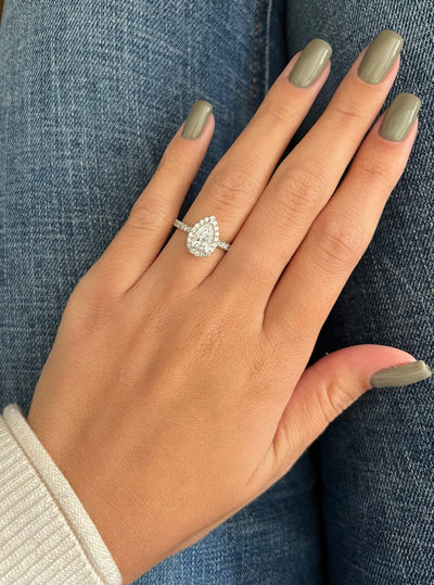 1.0 CT Pear Cut Halo Pave Moissanite Engagement Ring