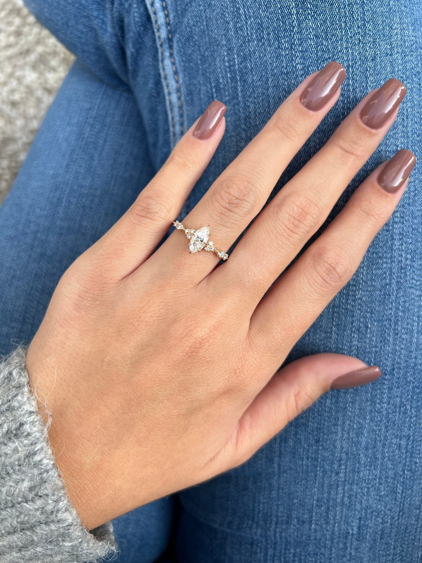 0.7 CT Marquise Cut Moissanite Cluster Engagement Ring