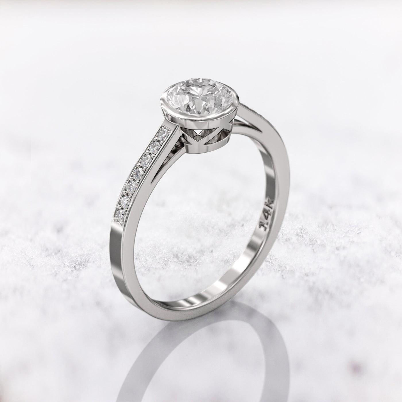 1.0 CT Round Cut Moissanite Bezel Pave Engagement Ring