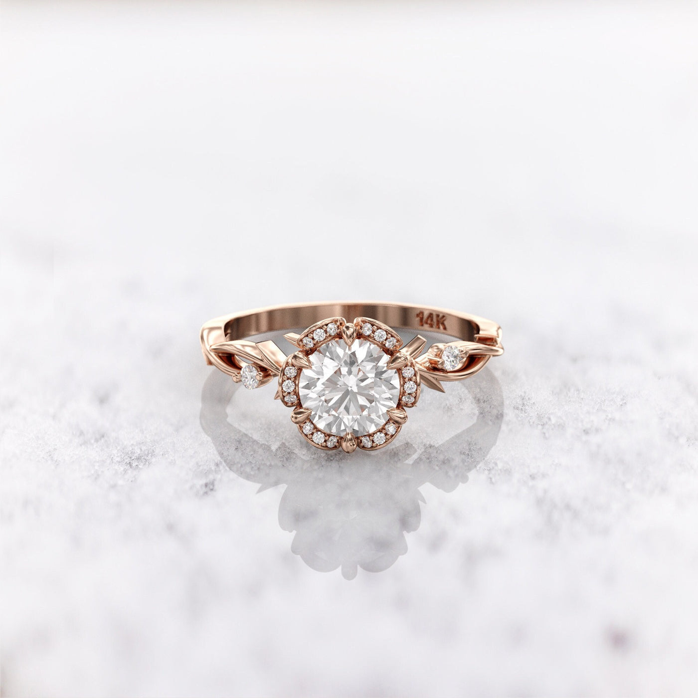 1.0 CT Round Cut Halo Moissanite Diamond Twig Engagement Ring