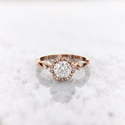 1.0 CT Round Cut Halo Moissanite Diamond Twig Engagement Ring