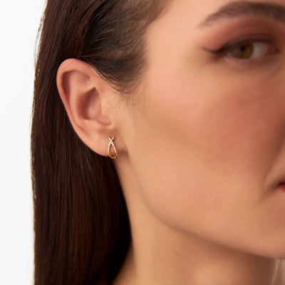 14k Gold Criss Cross Half Hoop Diamond Stud Earrings for Wife