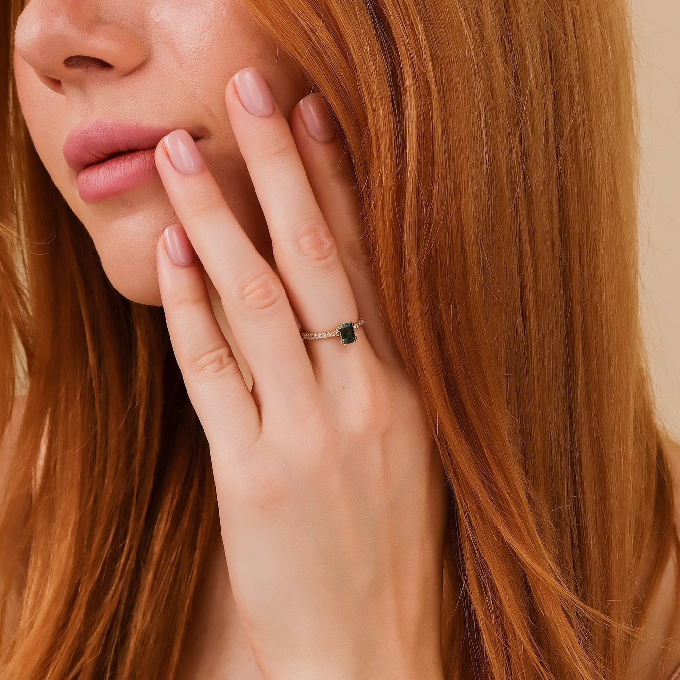 Green Emerald Cut Diamond Pave Engagement Ring for Women