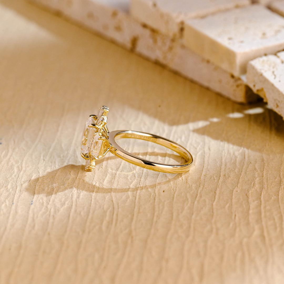 1.50 CT Emerald Cut Cluster Diamond Moissanite Engagement Ring