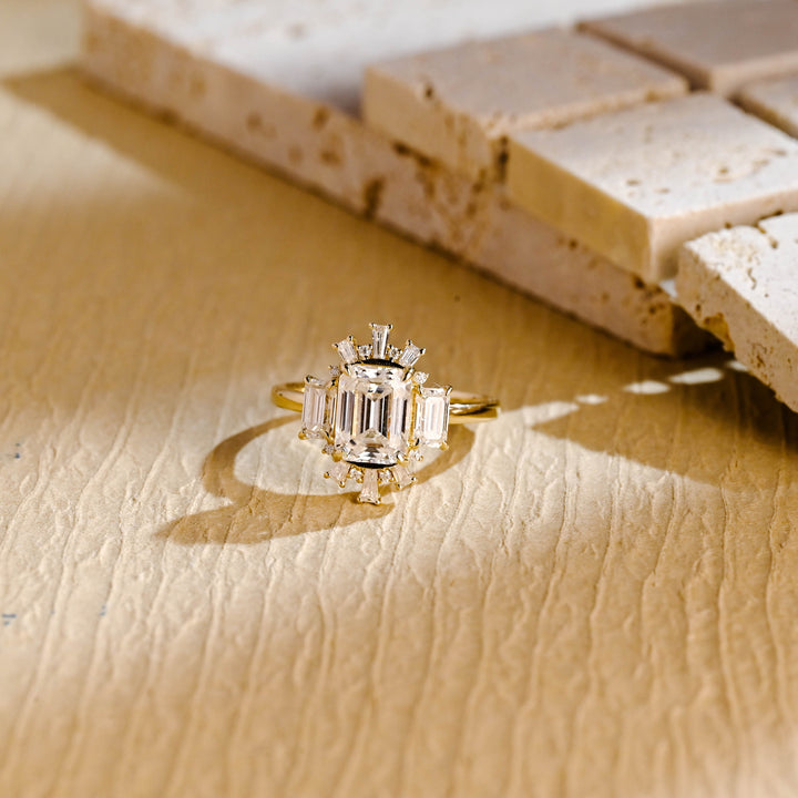 1.50 CT Emerald Cut Cluster Diamond Moissanite Engagement Ring