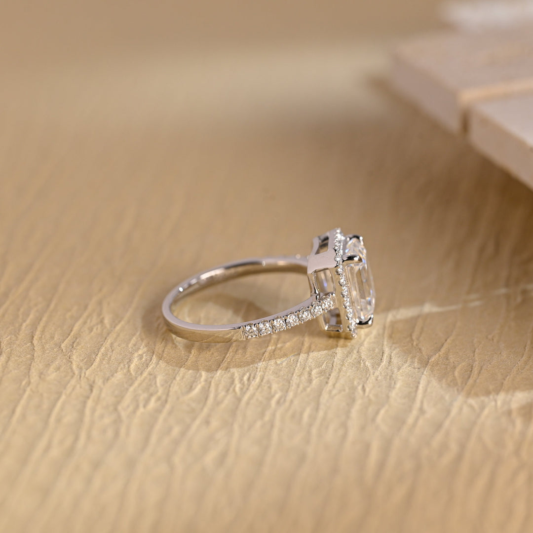 1.50 CT Emerald Cut Halo Diamond Moissanite Engagement Ring