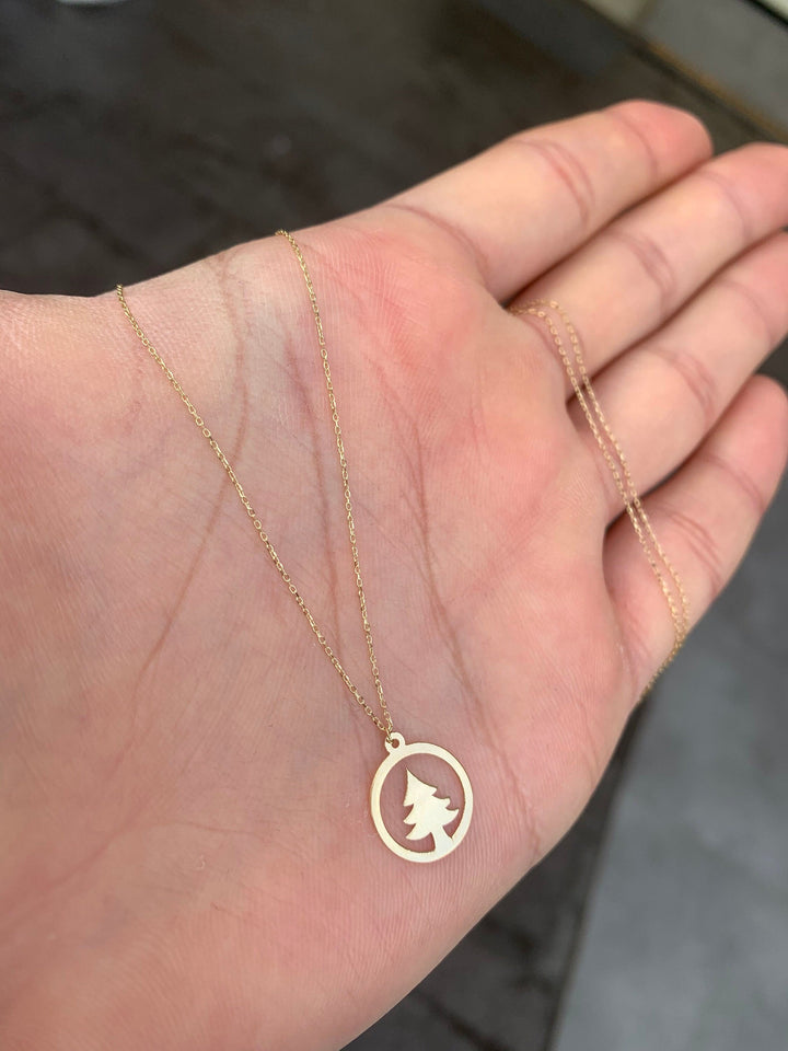 Christmas Pine Tree Pendant Necklace Gift For Women in 14K Gold