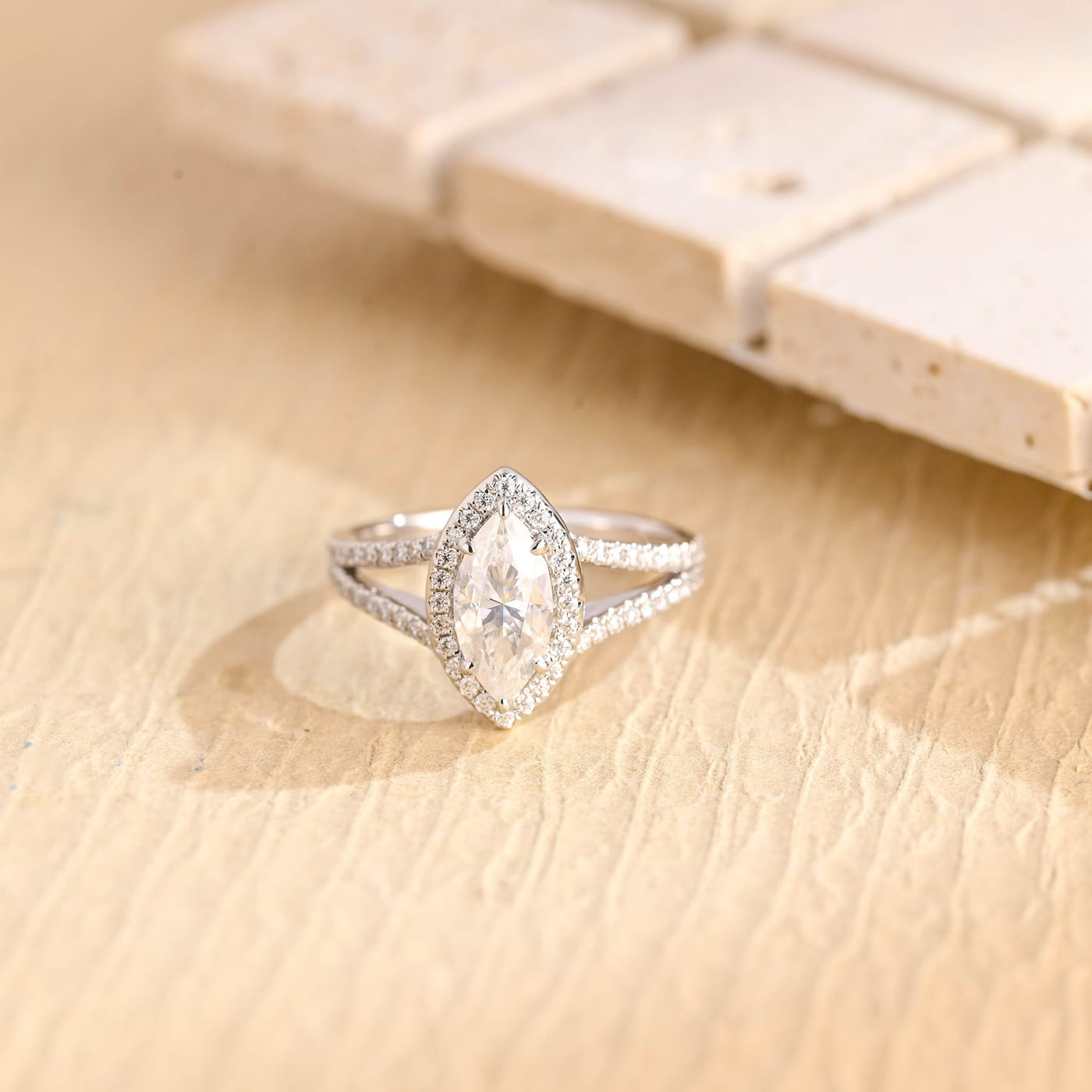 1.0CT Marquise Cut Halo Diamond Moissanite Engagement Ring