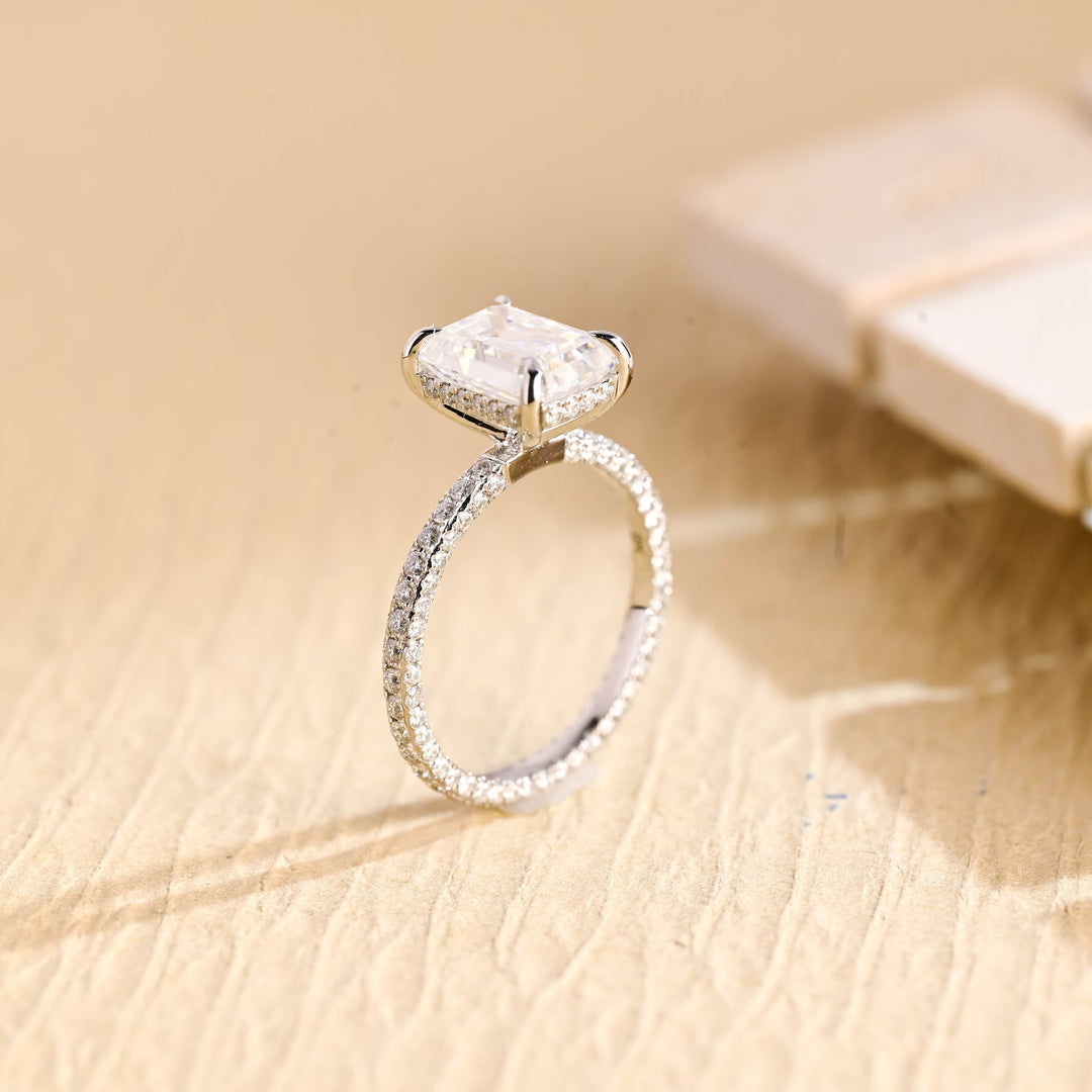 1.50CT Emerald Cut Hidden Halo Moissanite Engagement Ring