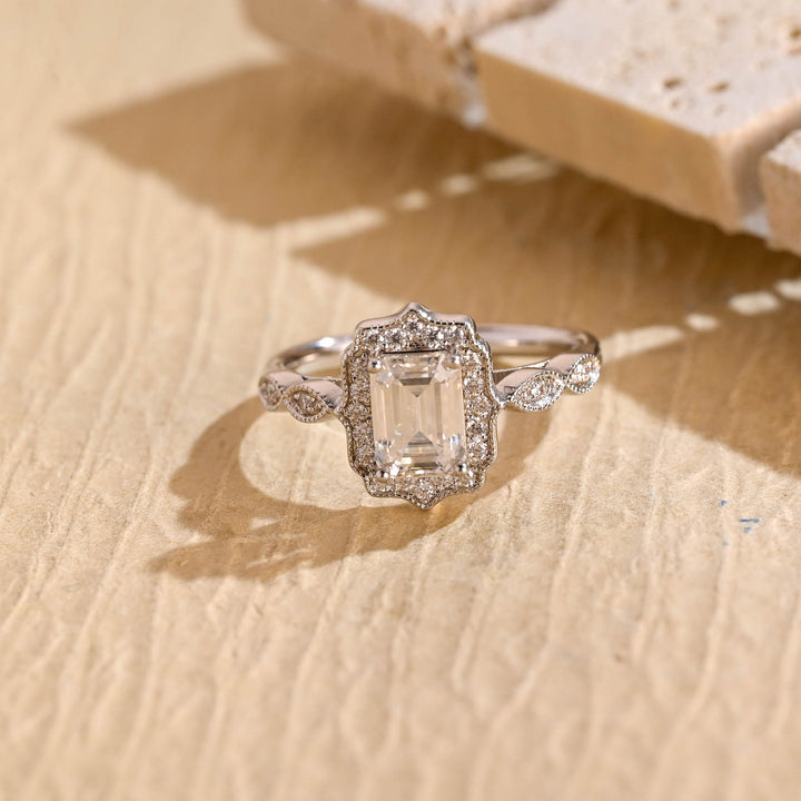 1.0CT Emerald Cut Vintage Inspired Moissanite Engagement Ring