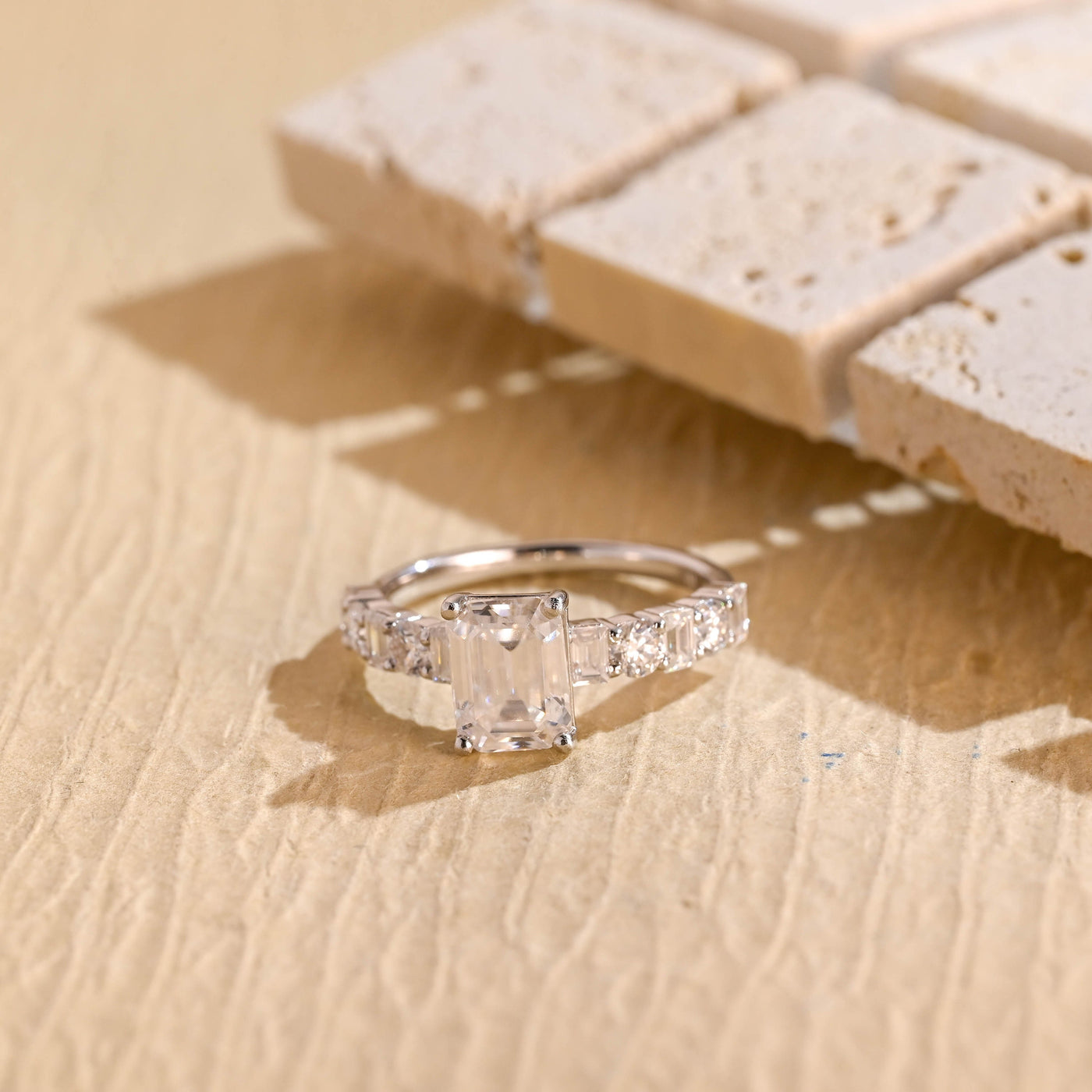 1.0CT Emerald Cut Cluster Diamond Moissanite Engagement Ring