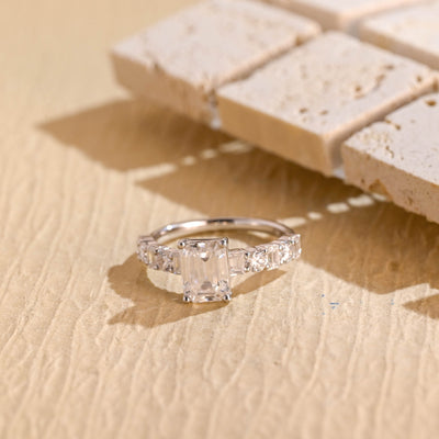 1.0CT Emerald Cut Cluster Diamond Moissanite Engagement Ring