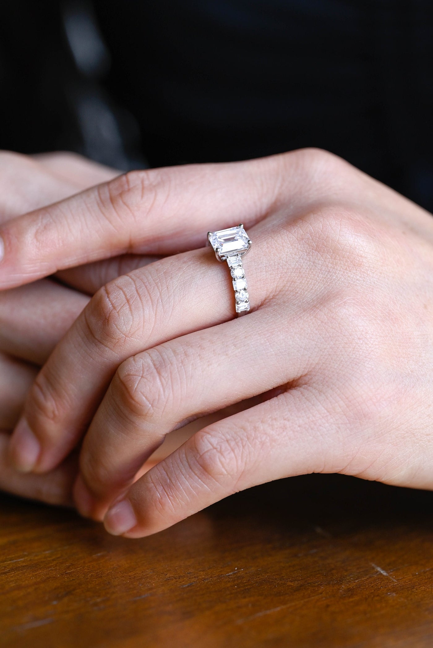 1.0CT Emerald Cut Cluster Diamond Moissanite Engagement Ring