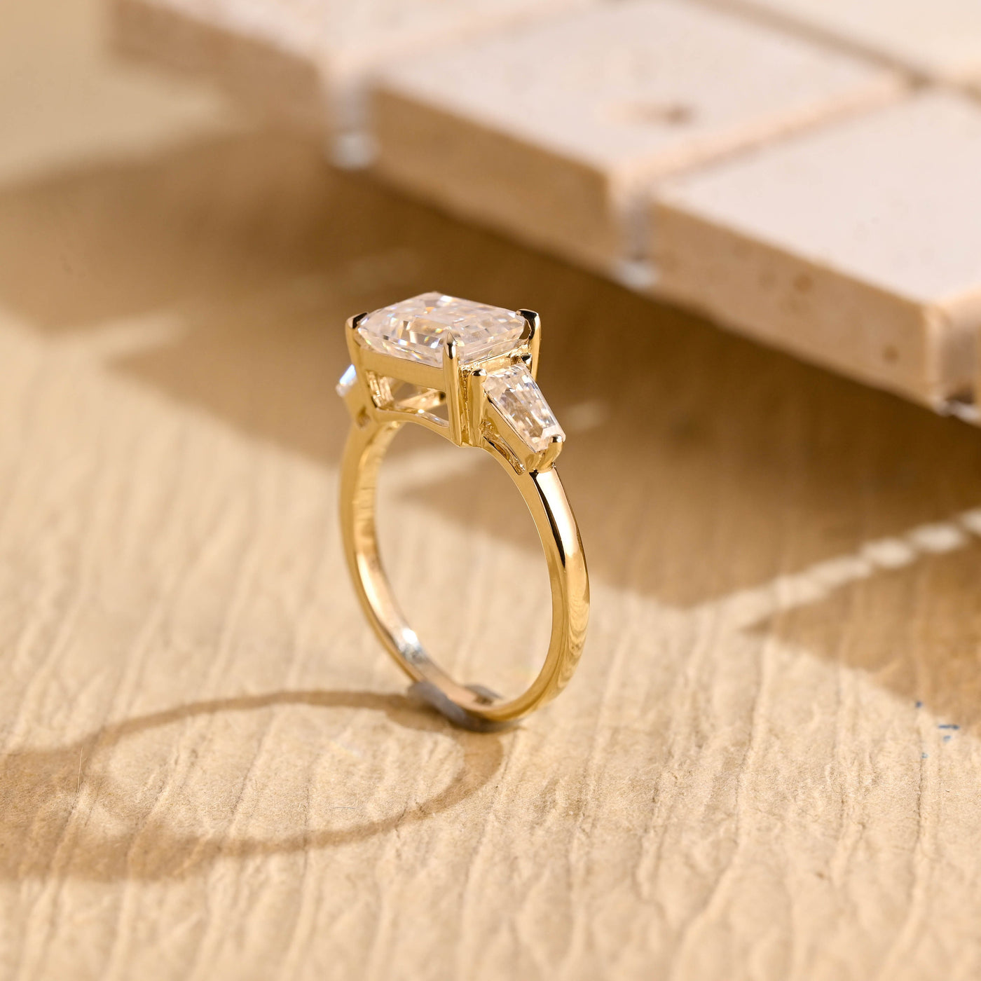 1.0CT East West Emerald Cut Three Stone Moissanite Engagement Ring