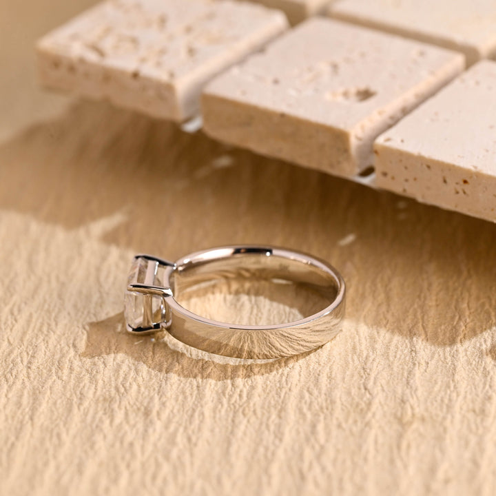 1.0CT Emerald Cut Wide Band Solitaire Moissanite Engagement Ring