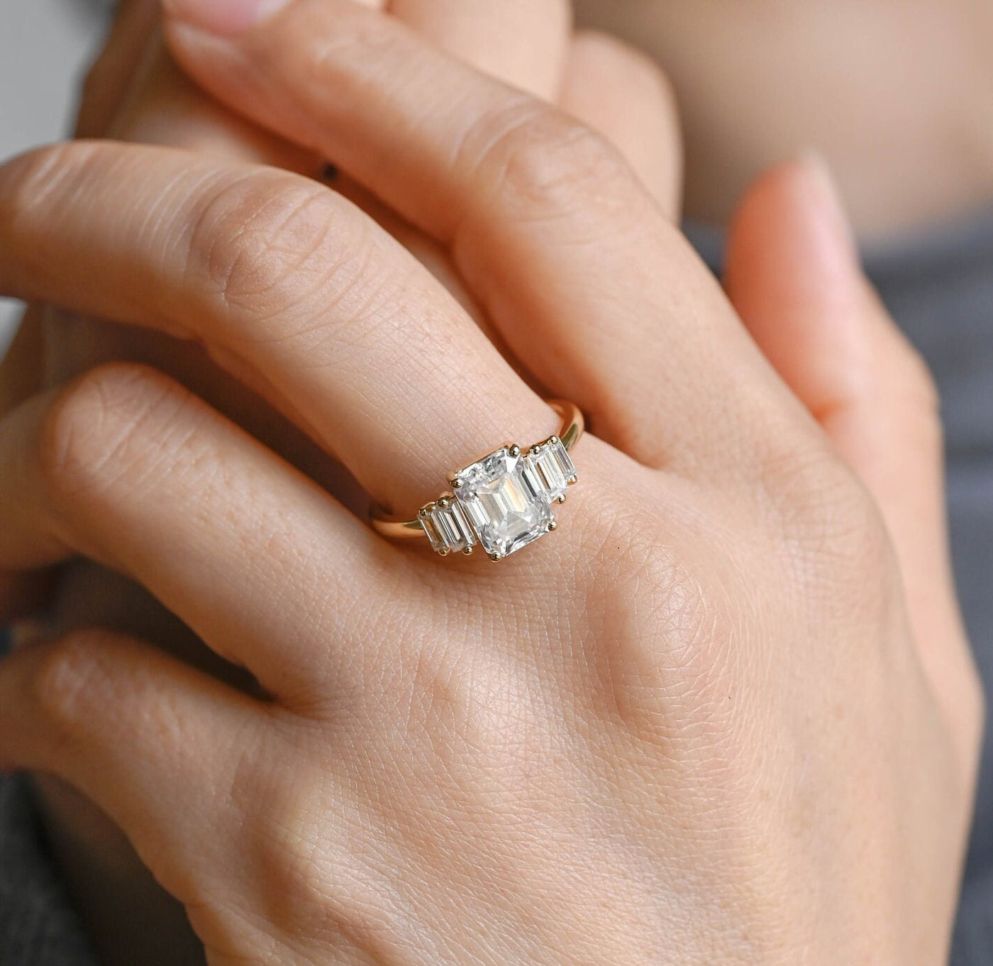 2.50CT Emerald Cut Five Stone Moissanite Engagement Ring