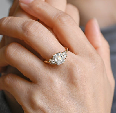 2.50CT Emerald Cut Five Stone Moissanite Engagement Ring