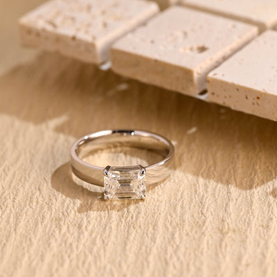 1.0CT Emerald Cut Wide Band Solitaire Moissanite Engagement Ring