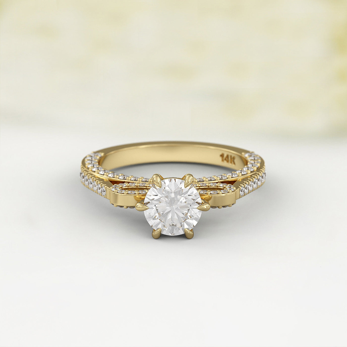 1.0 CT Round Cut Moissanite Three Side Pave Unique Engagement Ring