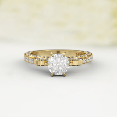 1.0 CT Round Cut Moissanite Three Side Pave Unique Engagement Ring