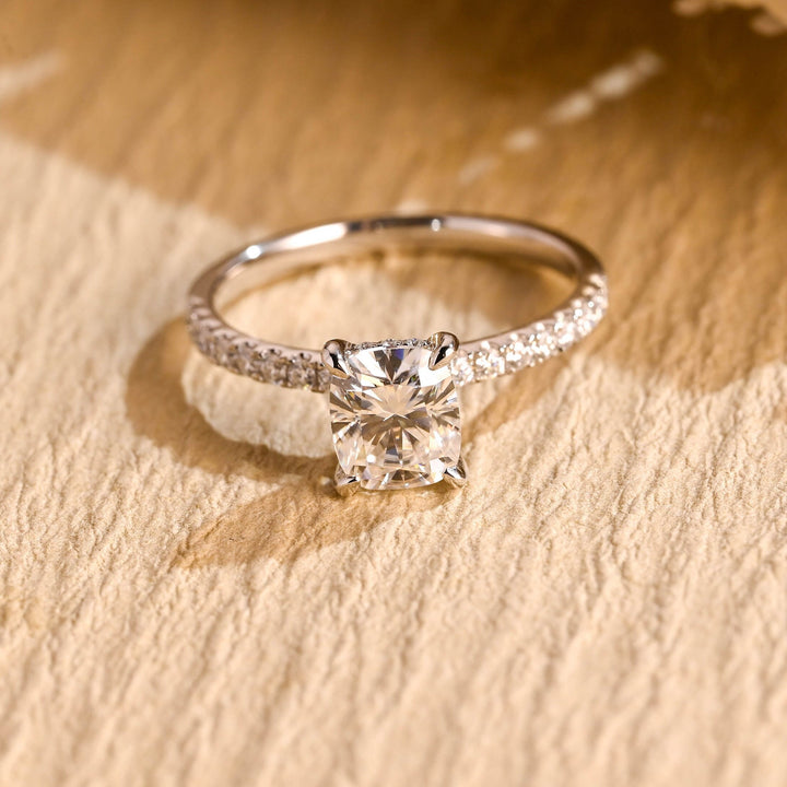 1.0 CT Cushion Cut Hidden Halo Pave Moissanite Engagement Ring