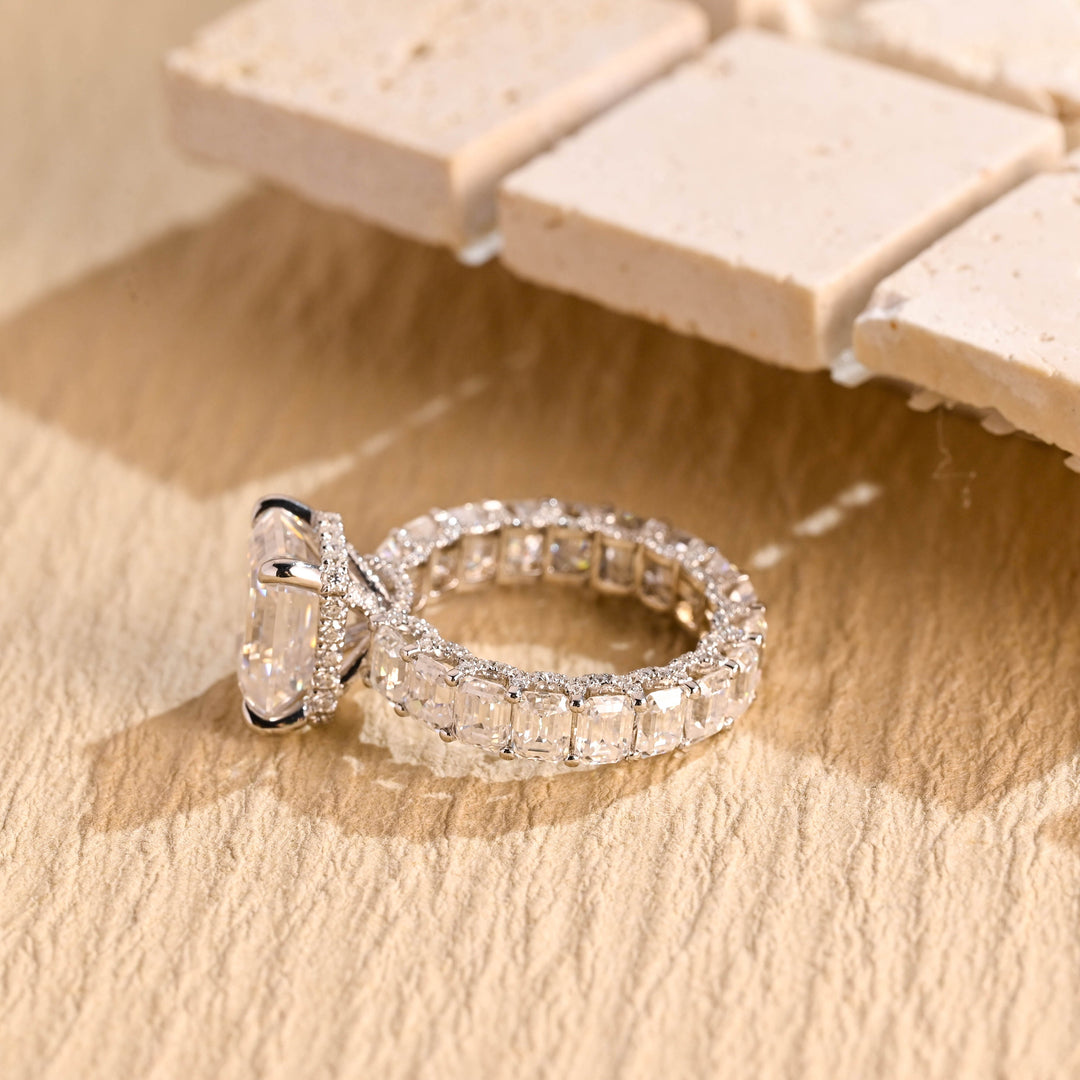 1.50CT Emerald Cut Pave Setting Full Eternity Moissanite Engagement Ring