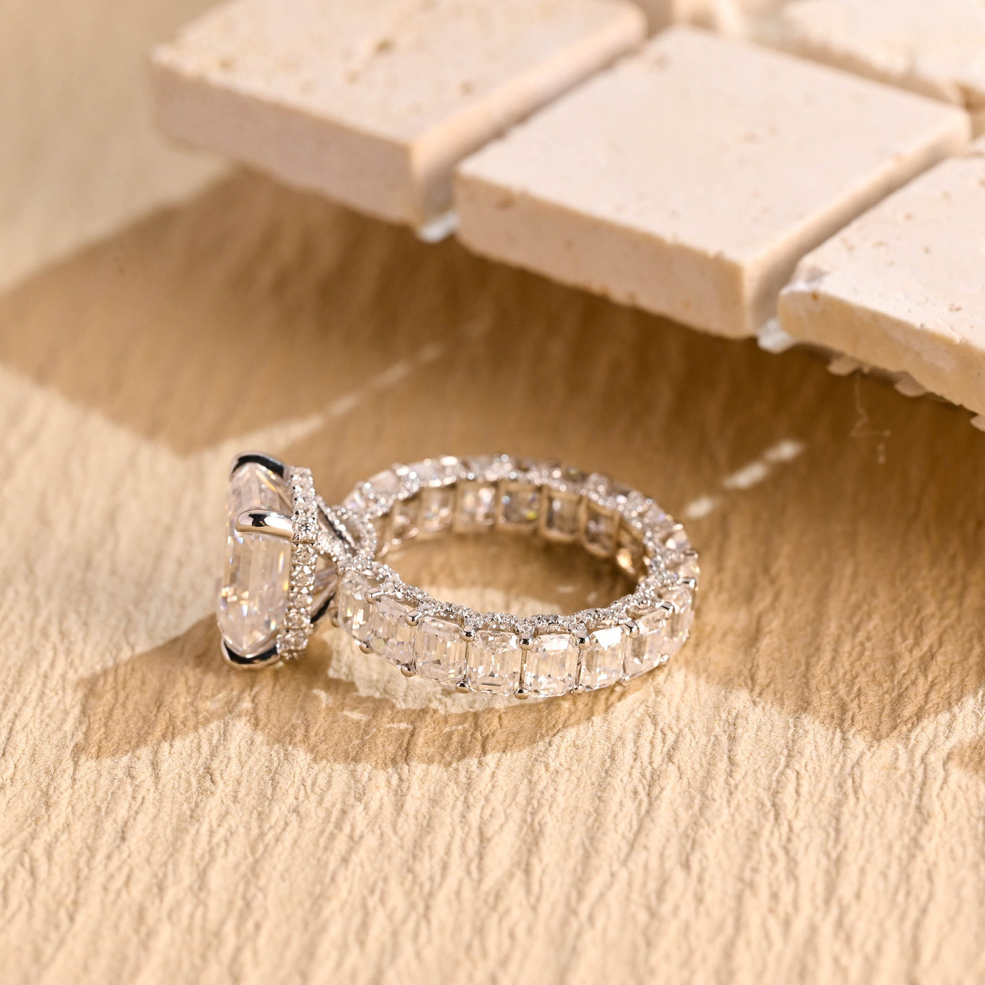 1.50CT Emerald Cut Pave Setting Full Eternity Moissanite Engagement Ring