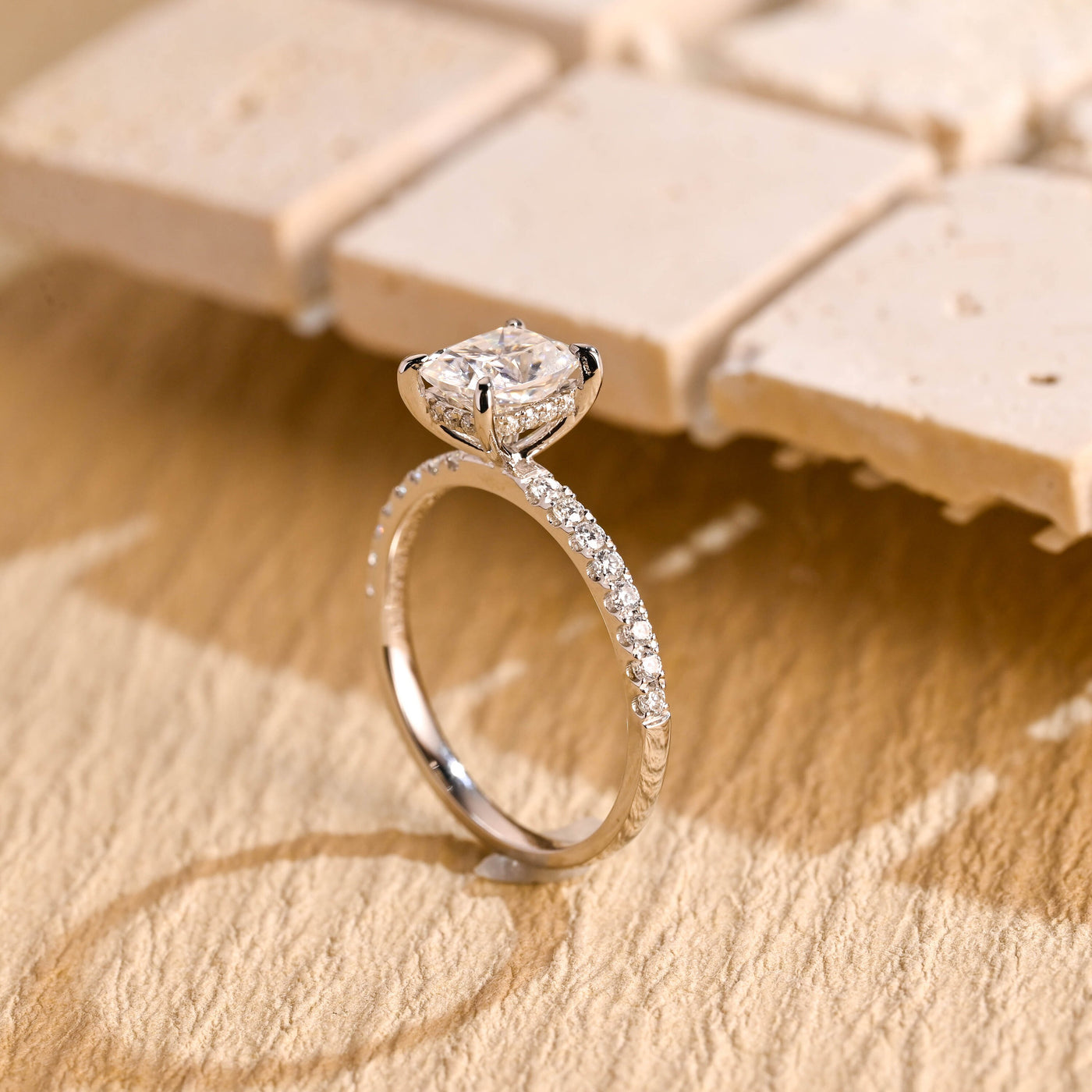 1.0 CT Cushion Cut Hidden Halo Pave Moissanite Engagement Ring