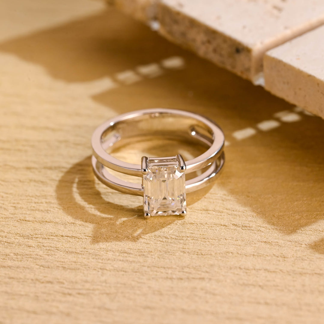 1.50 CT Emerald Diamond Unique Solitaire Moissanite Engagement Ring
