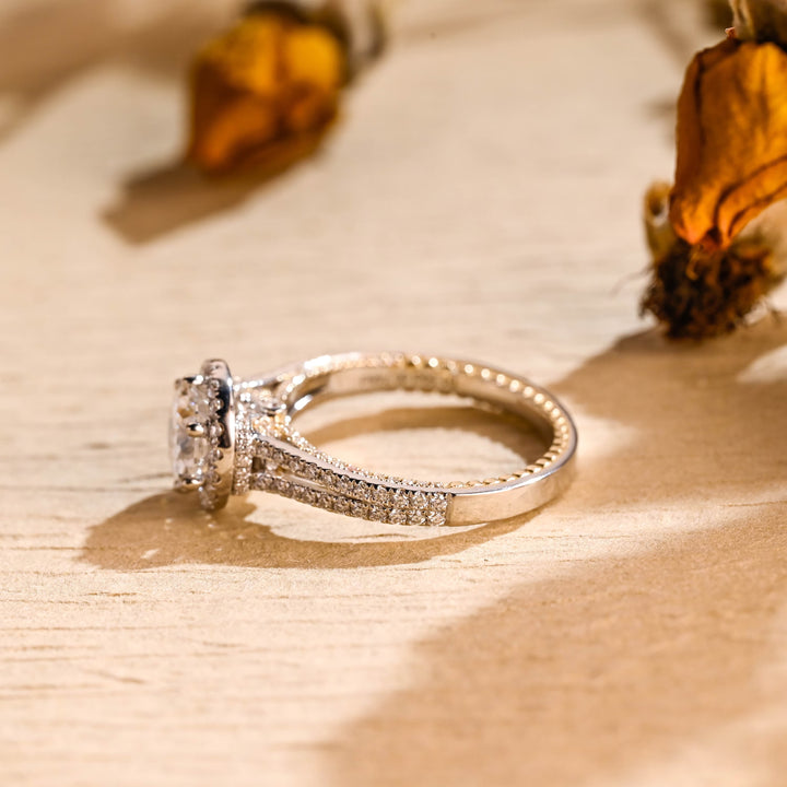1.0 CT Round Brilliant Halo Split Shank Moissanite Engagement Ring