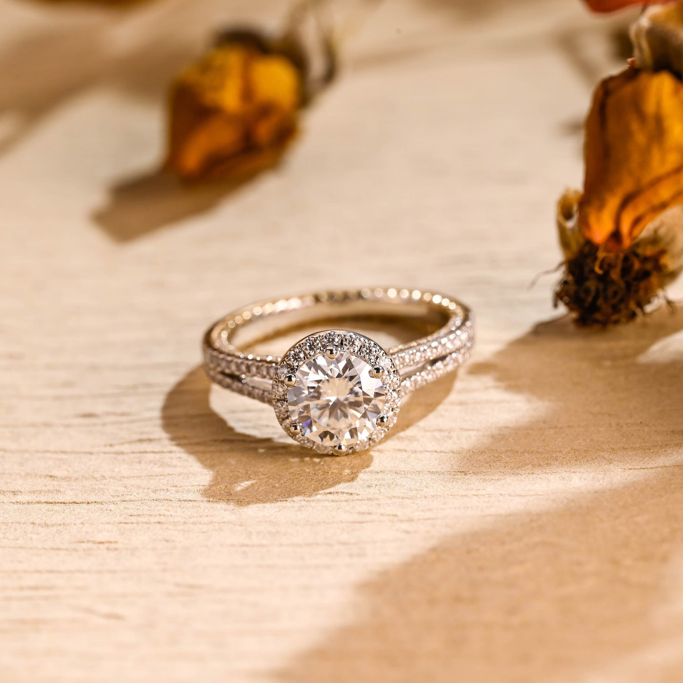1.0 CT Round Brilliant Halo Split Shank Moissanite Engagement Ring