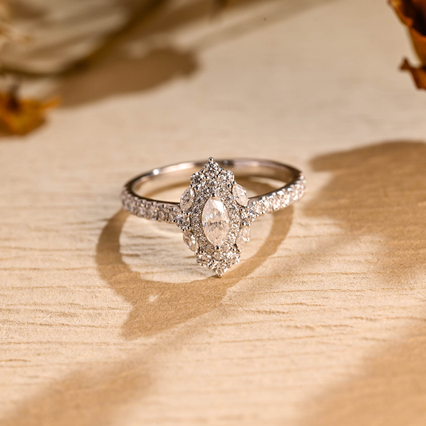0.50CT Marquise Cut Halo Cluster Moissanite Engagement Ring