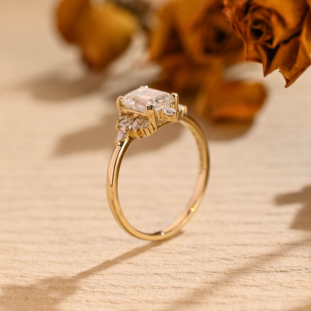 1.0 CT Emerald Cut Cluster Diamond Moissanite Engagement Ring
