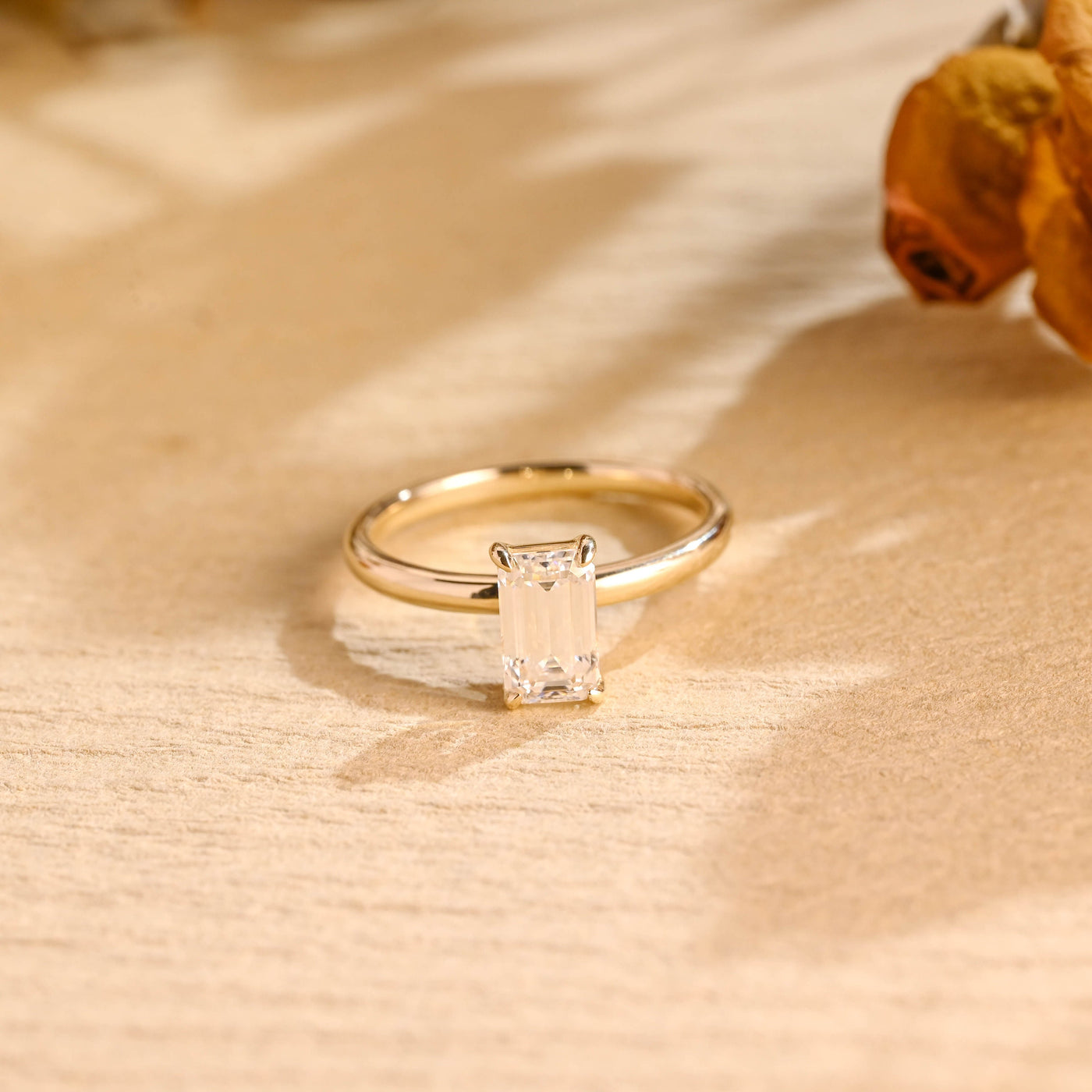 1.50CT Elongated Emerald Cut Solitaire Moissanite Engagement Ring