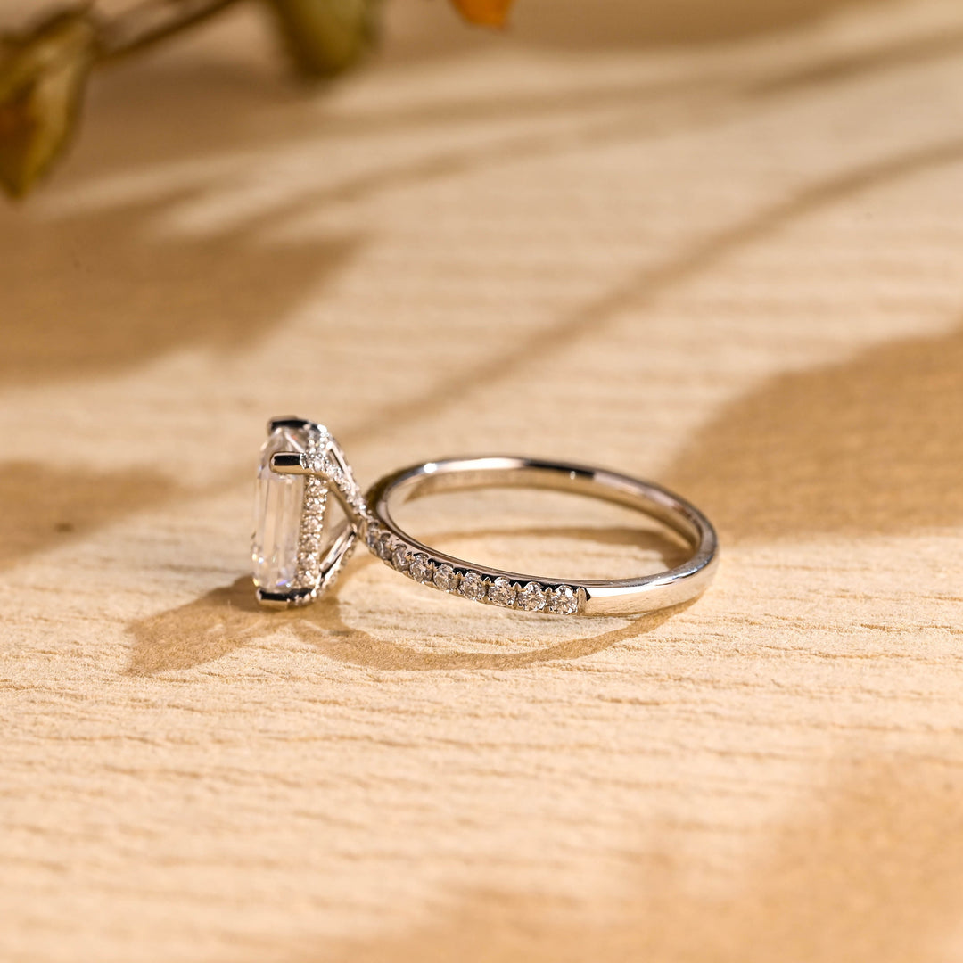 1.0 CT Emerald Cut Hidden Halo Moissanite Engagement Ring