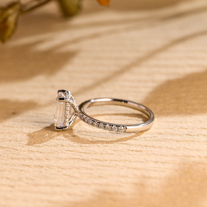 1.0 CT Emerald Cut Hidden Halo Moissanite Engagement Ring