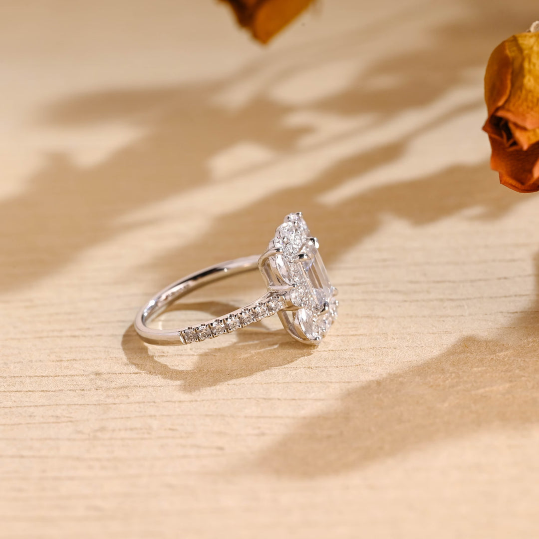 1.0CT Emerald Cut Cluster Moissanite Engagement Ring