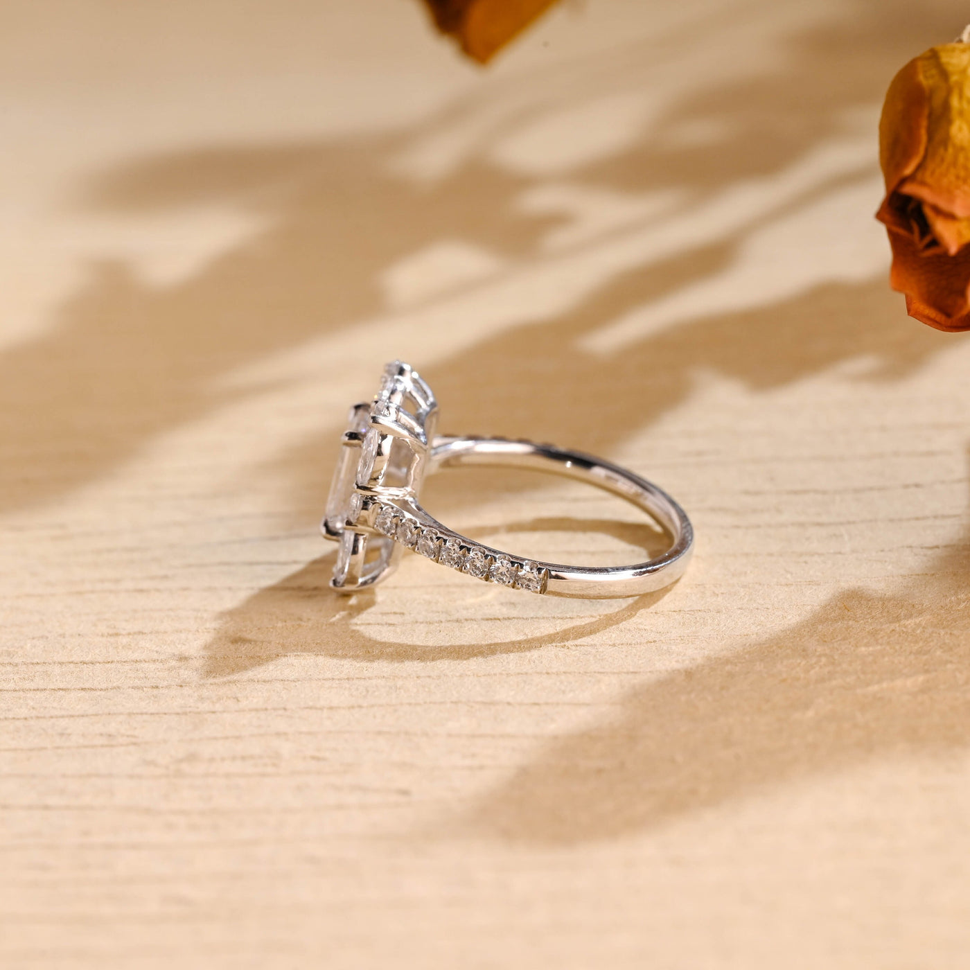 1.0CT Emerald Cut Cluster Moissanite Engagement Ring