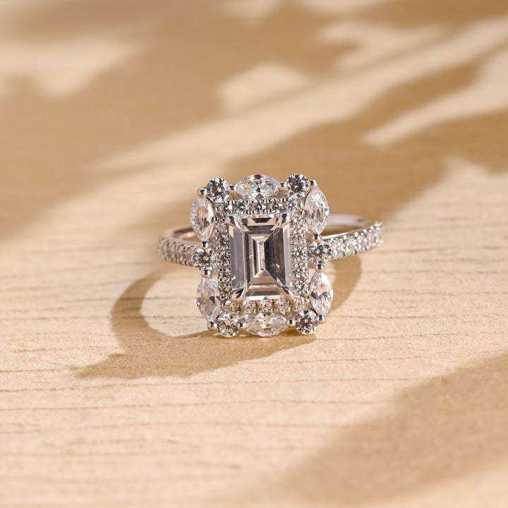 1.0CT Emerald Cut Cluster Moissanite Engagement Ring