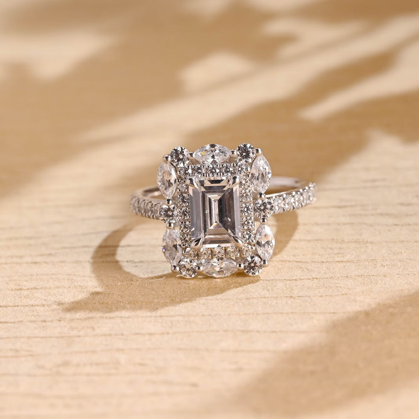 1.0CT Emerald Cut Cluster Moissanite Engagement Ring
