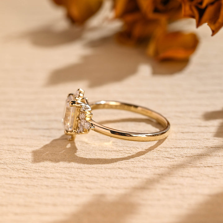 1.0 CT Emerald Cut Cluster Diamond Moissanite Engagement Ring